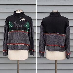 Vintage 90s y2k Christmas Winter Season Reindeer Forest Wool Turtleneck Sweater